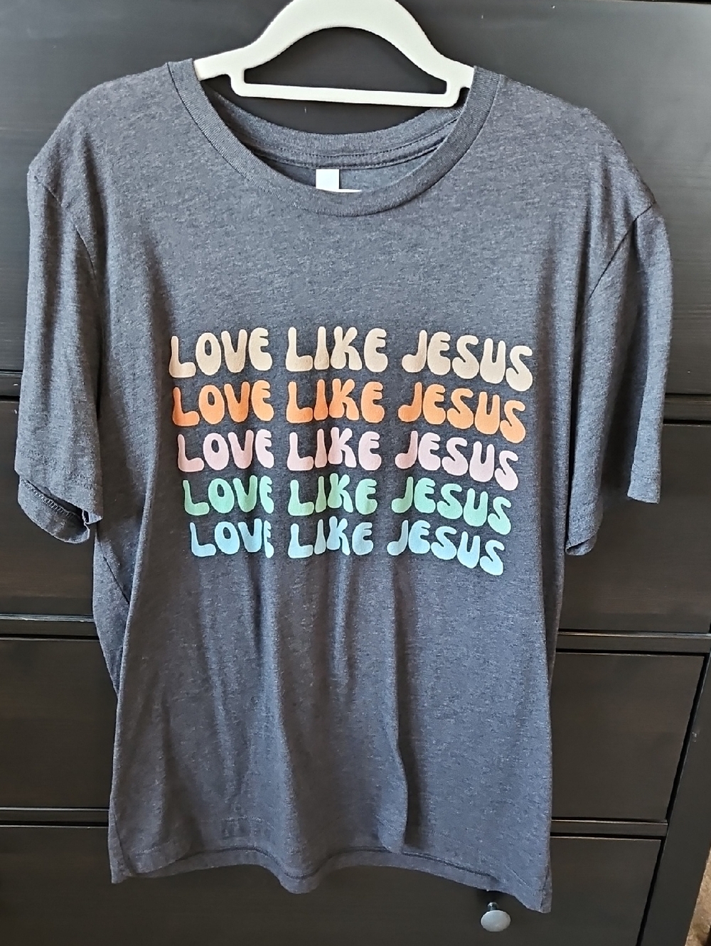 Bella Canvas Dark Gray Kids Tee with Pastel 'Love Like Jesus' Text